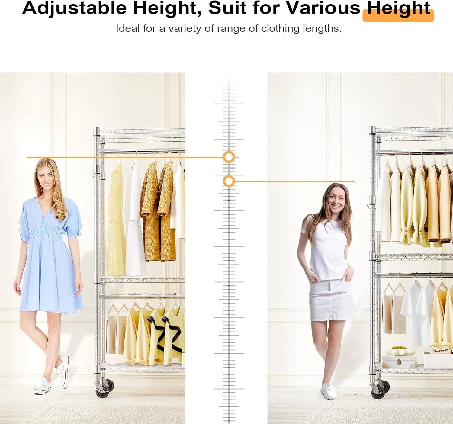 Heavy Duty Rolling Garment Rack 3 Tiers Adjustable Wire Shelving Clothes Rack with 2 Rods and Side Hooks,Storage Closet Clothing Rack with Wheels Chrome 15.7" D x 29.5" W x 74.5" H