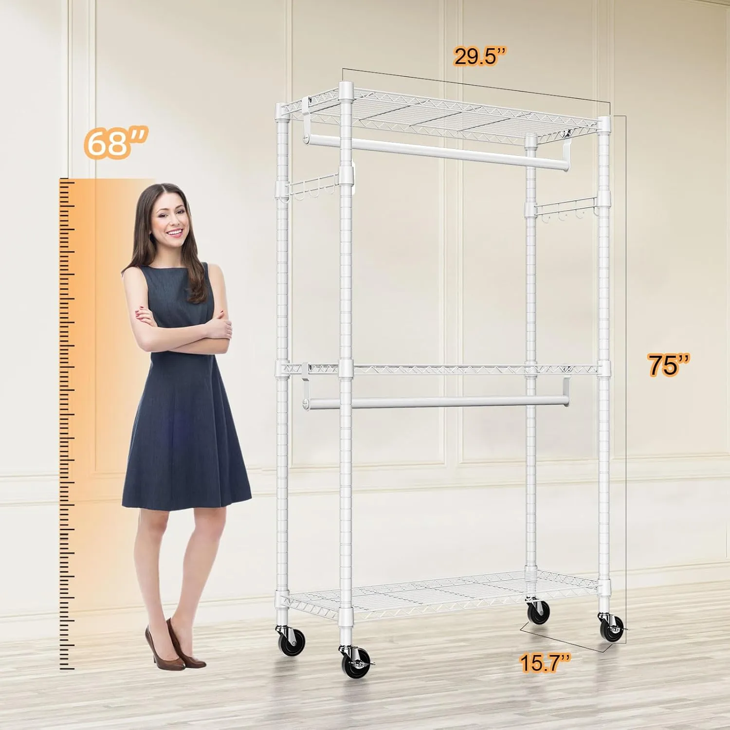 Heavy Duty Rolling Garment Rack 3 Tiers Adjustable Wire Shelving Clothes Rack with 2 Rods and Side Hooks,Storage Closet Clothing Rack with Wheels White 15.7" D x 29.5" W x 74.5" H