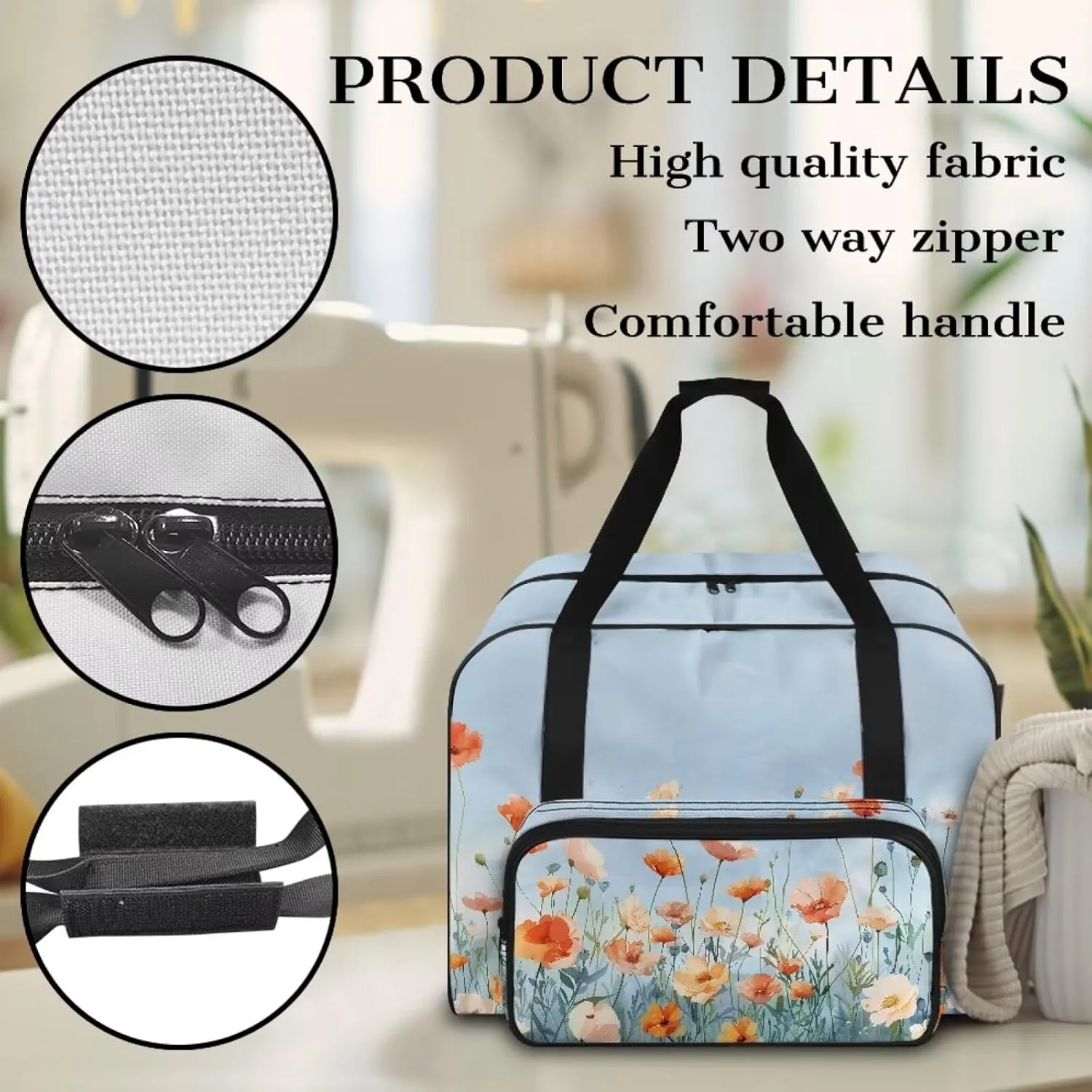 Heavy Duty Sewing Machine Case for Most Standard Singer, Brother, Janome, Elegant Floral Sewing Machine Carrying Case with Pocket and Handle, Lightweight ＆ Washable
