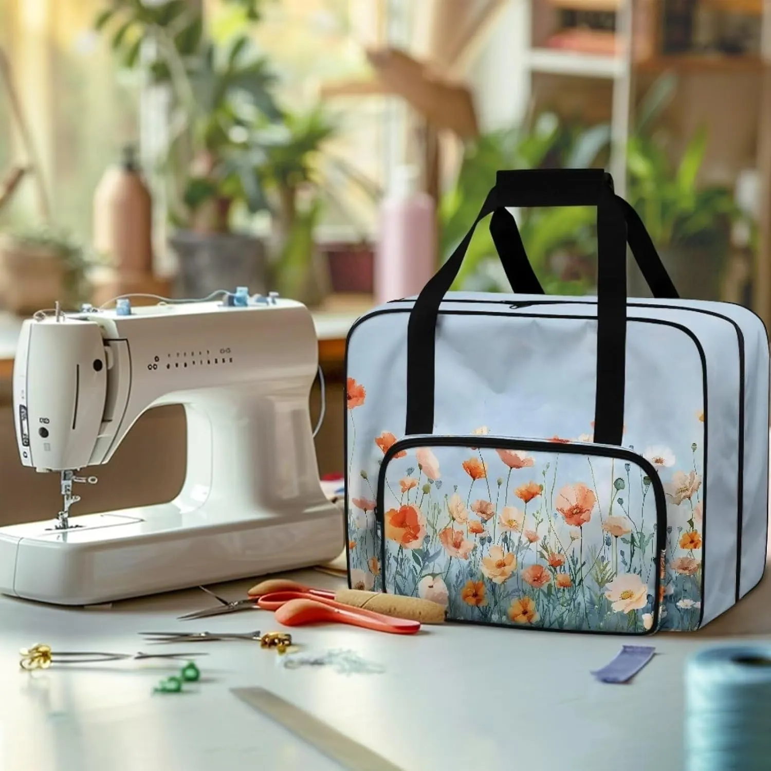 Heavy Duty Sewing Machine Case for Most Standard Singer, Brother, Janome, Elegant Floral Sewing Machine Carrying Case with Pocket and Handle, Lightweight ＆ Washable