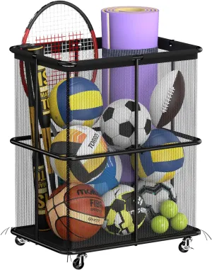 HEOMU Ball Storage Bin Rolling Garage Ball Storage Cart with Lockable Wheels, Metal Frame Mesh Basket Organizer with Zipper for Indoor Outdoor, Sports Equipment Organizer for Garage Gym School, Black