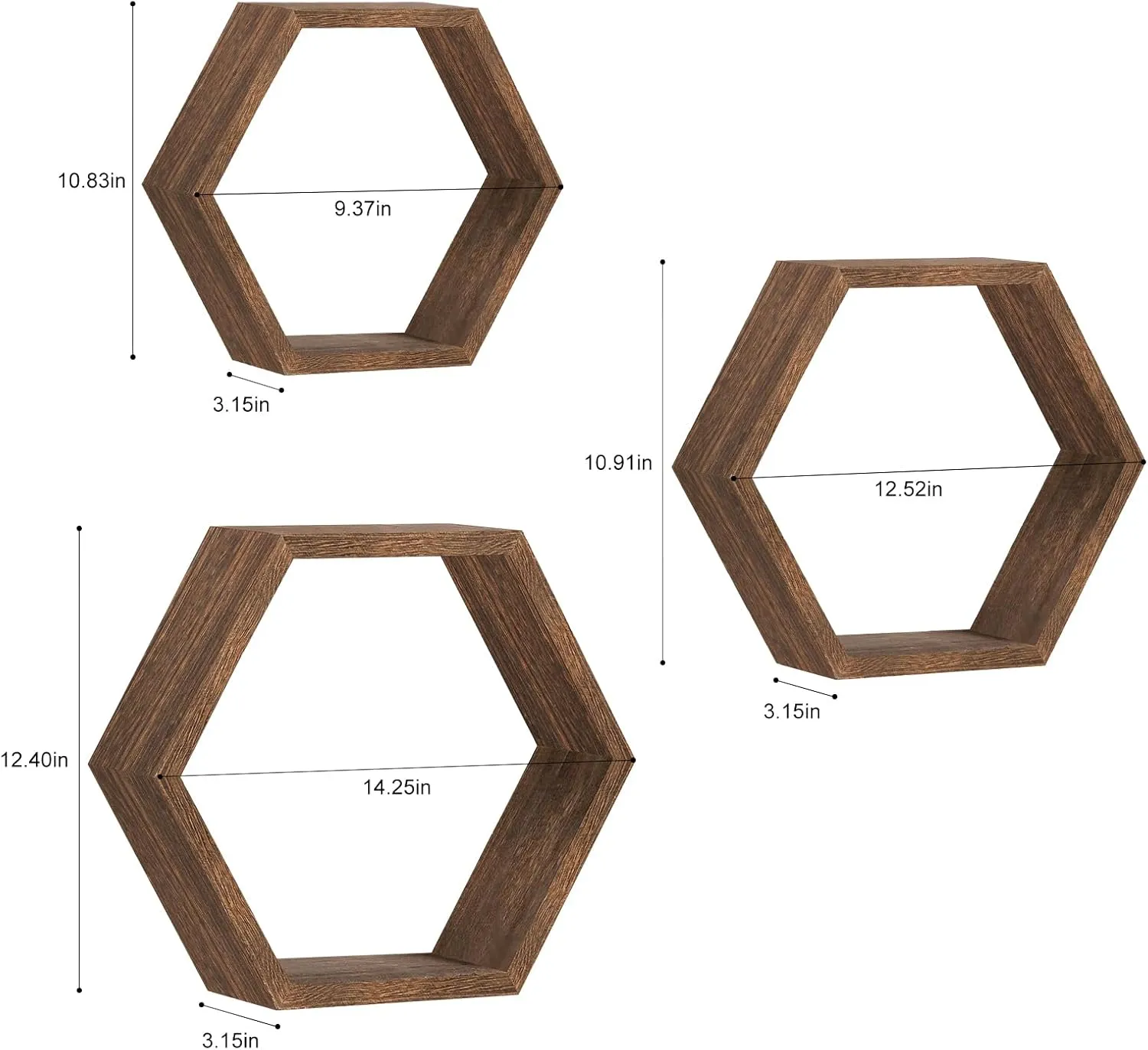 Hexagon Floating Shelves Set of 6 Farmhouse Honeycomb Wall Storage Shelf Wood Display Hexagonal Shelves Wall Mounted Hanging Rustic Shelf Racks for Bedroom Living Room Hallway Office Decor, Brown
