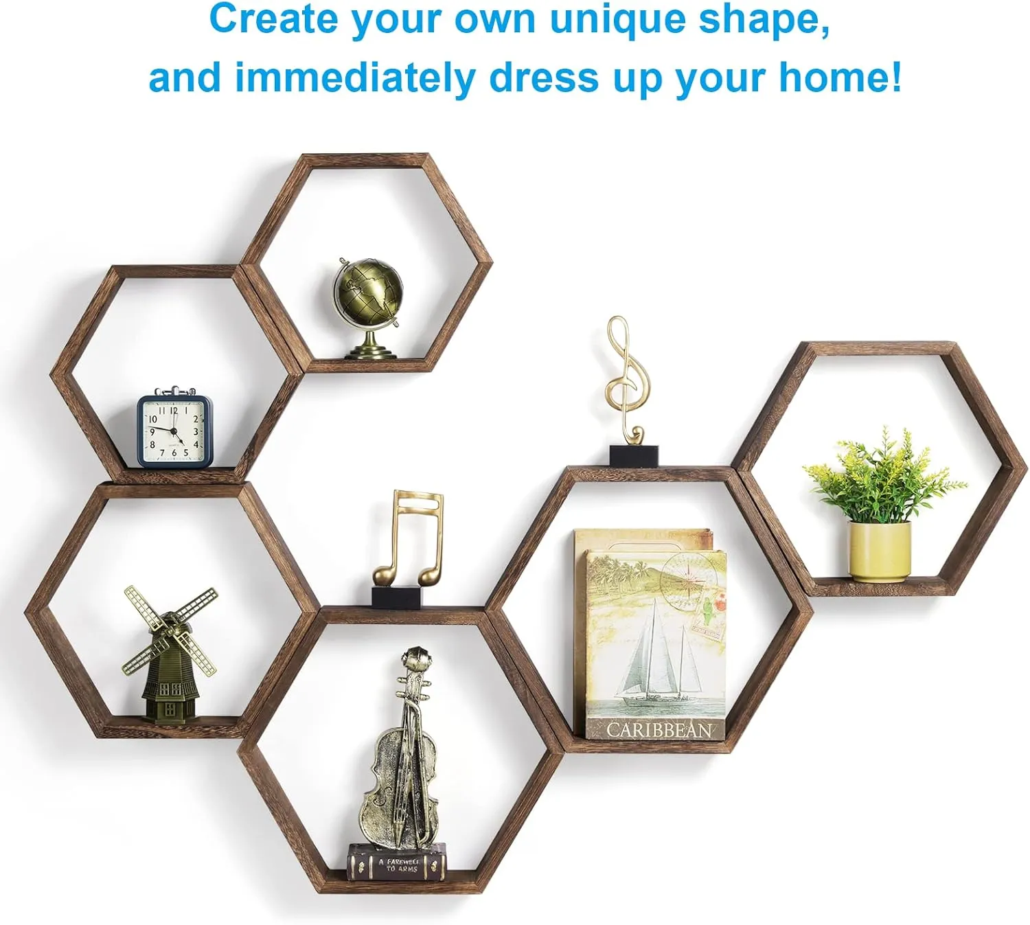 Hexagon Floating Shelves Set of 6 Farmhouse Honeycomb Wall Storage Shelf Wood Display Hexagonal Shelves Wall Mounted Hanging Rustic Shelf Racks for Bedroom Living Room Hallway Office Decor, Brown