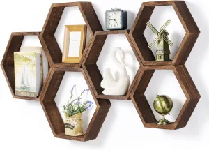 Hexagon Floating Shelves Set of 6 Farmhouse Honeycomb Wall Storage Shelf Wood Display Hexagonal Shelves Wall Mounted Hanging Rustic Shelf Racks for Bedroom Living Room Hallway Office Decor, Brown