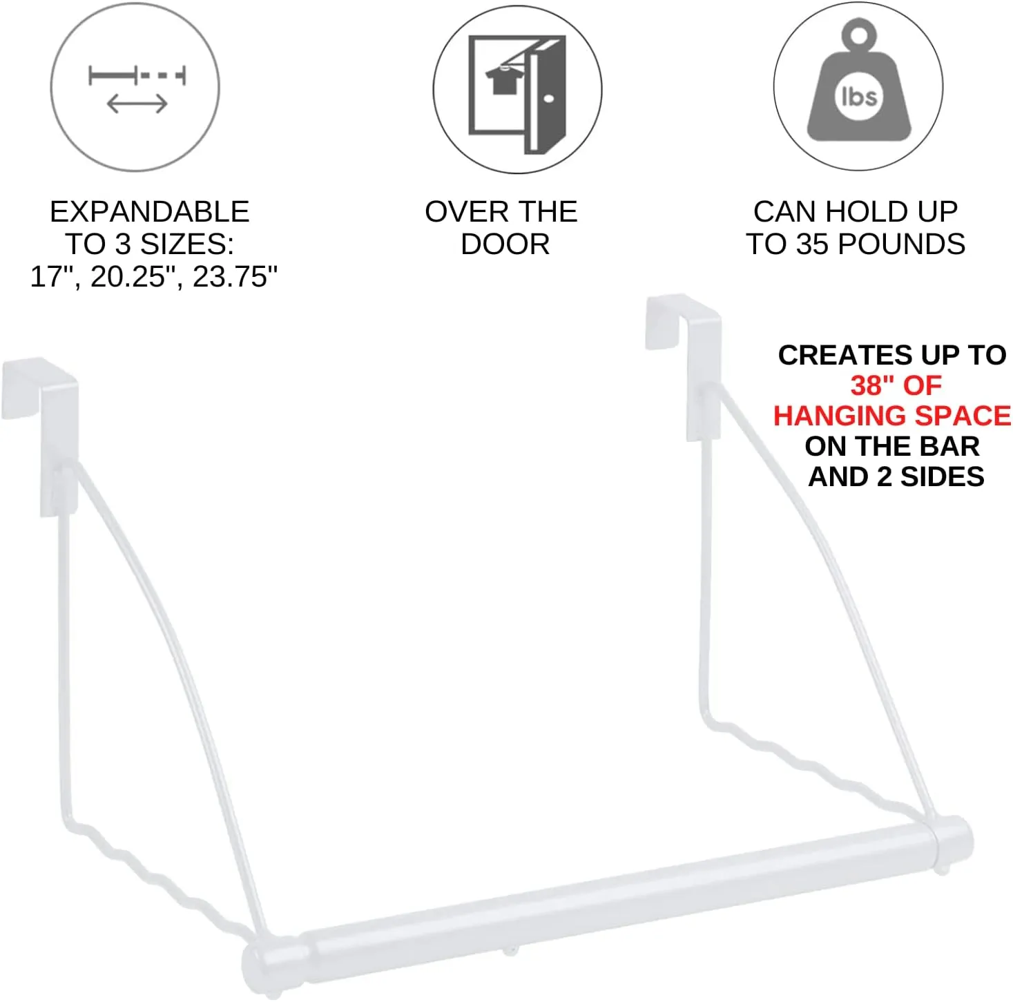 HOLDN’ STORAGE Over The Door Hanger - Door Rack Hangers for Clothes - Space Saving Designed for Bedroom & Bathroom - Ideal for Clothes & Towels - Drying Rack, White