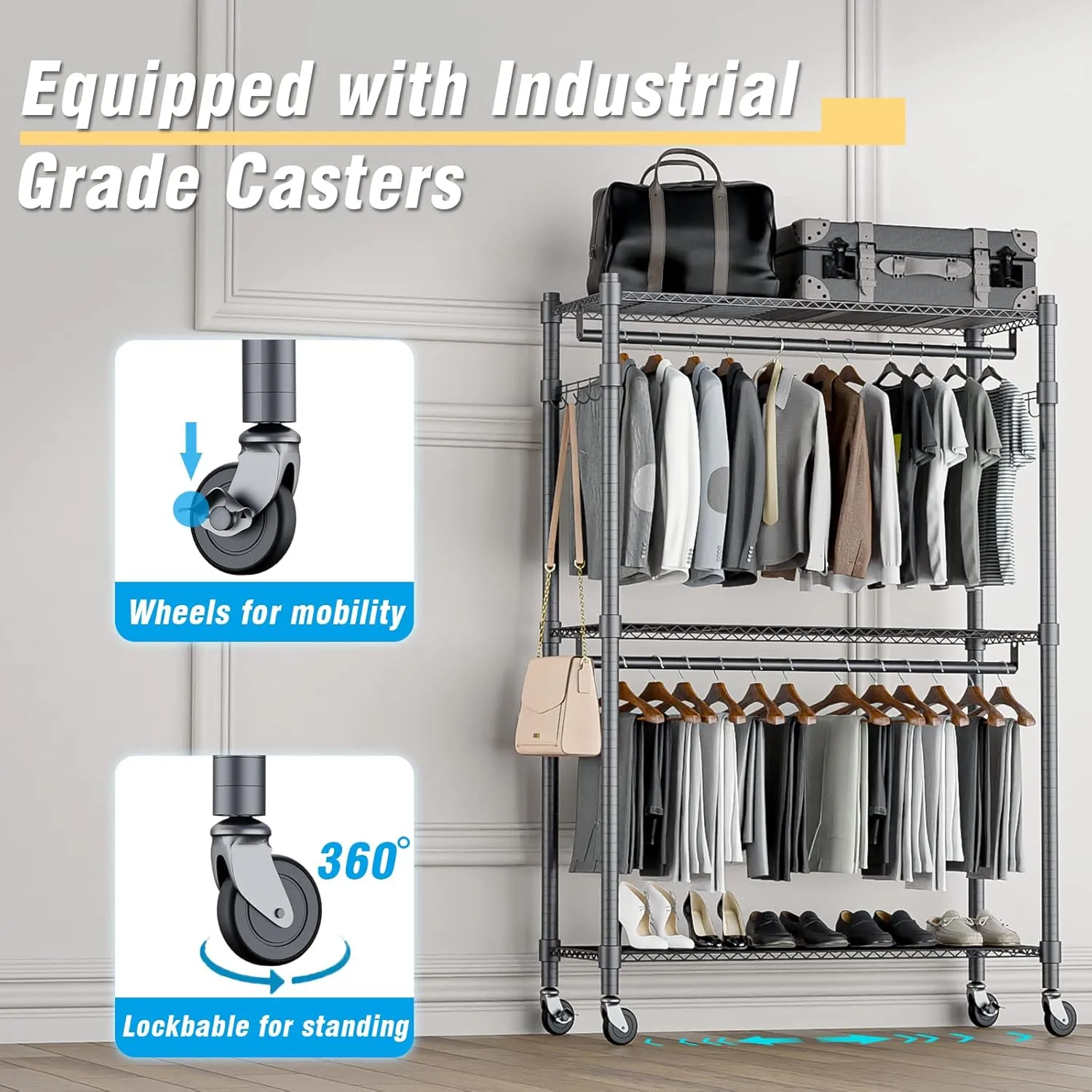 Homdox 3 Shelves Wire Shelving Clothing Rolling Rack Heavy Duty Commercial Grade Garment Rack with Wheels and Side Hooks (One Pair Hook and Two Hanging Rods Gray)