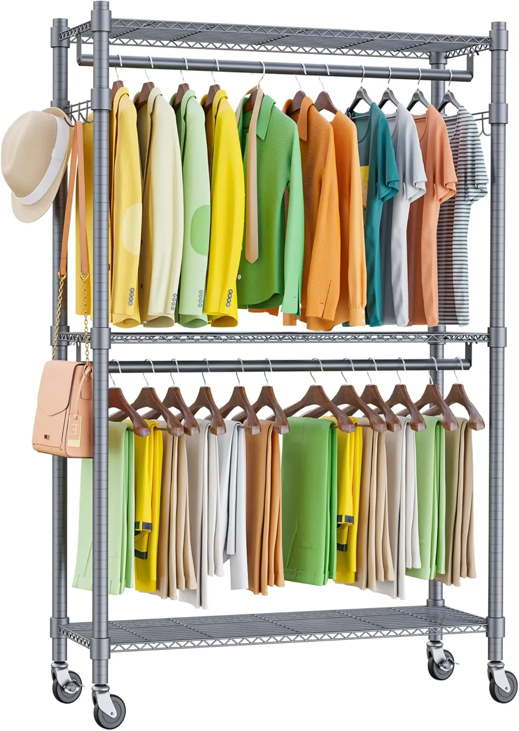 Homdox 3 Shelves Wire Shelving Clothing Rolling Rack Heavy Duty Commercial Grade Garment Rack with Wheels and Side Hooks (One Pair Hook and Two Hanging Rods Gray)