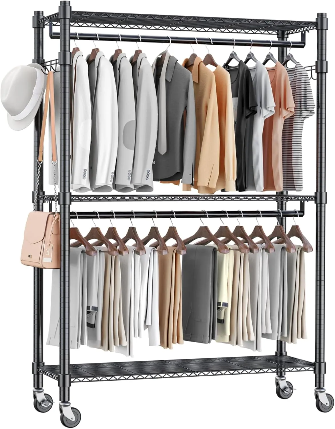 Homdox Rolling Garment Rack with Double Rod, Heavy Duty Clothing Rack with Shelves, Portable Clothes Rack, Free Standing Wardrobe Rack, with Lockable Wheels & Hanging Hooks, Max Load 450 LBS, Black