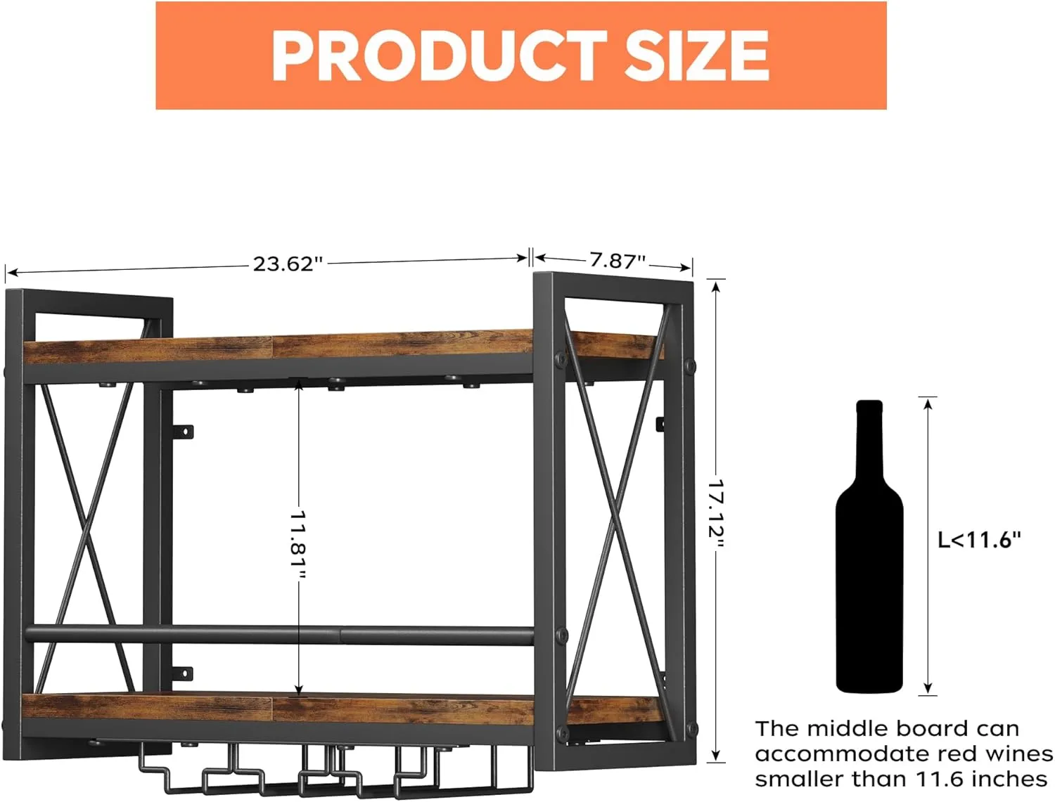 Homeiju Wall Mounted Wine Rack, Bottle & Glass Holder Wood-Metal Retro Wine Rack, Wine Bottles Display Wall Storage for Kitchen Dining Room Home Bar