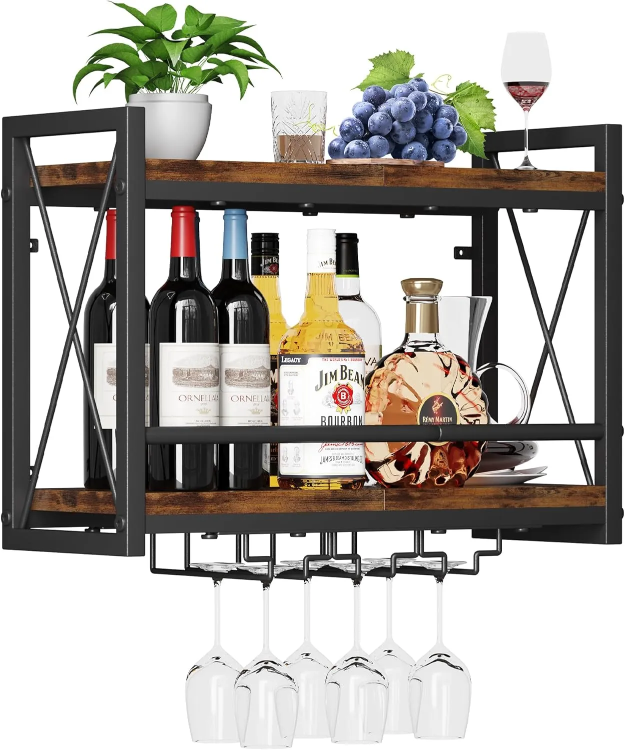 Homeiju Wall Mounted Wine Rack, Bottle & Glass Holder Wood-Metal Retro Wine Rack, Wine Bottles Display Wall Storage for Kitchen Dining Room Home Bar
