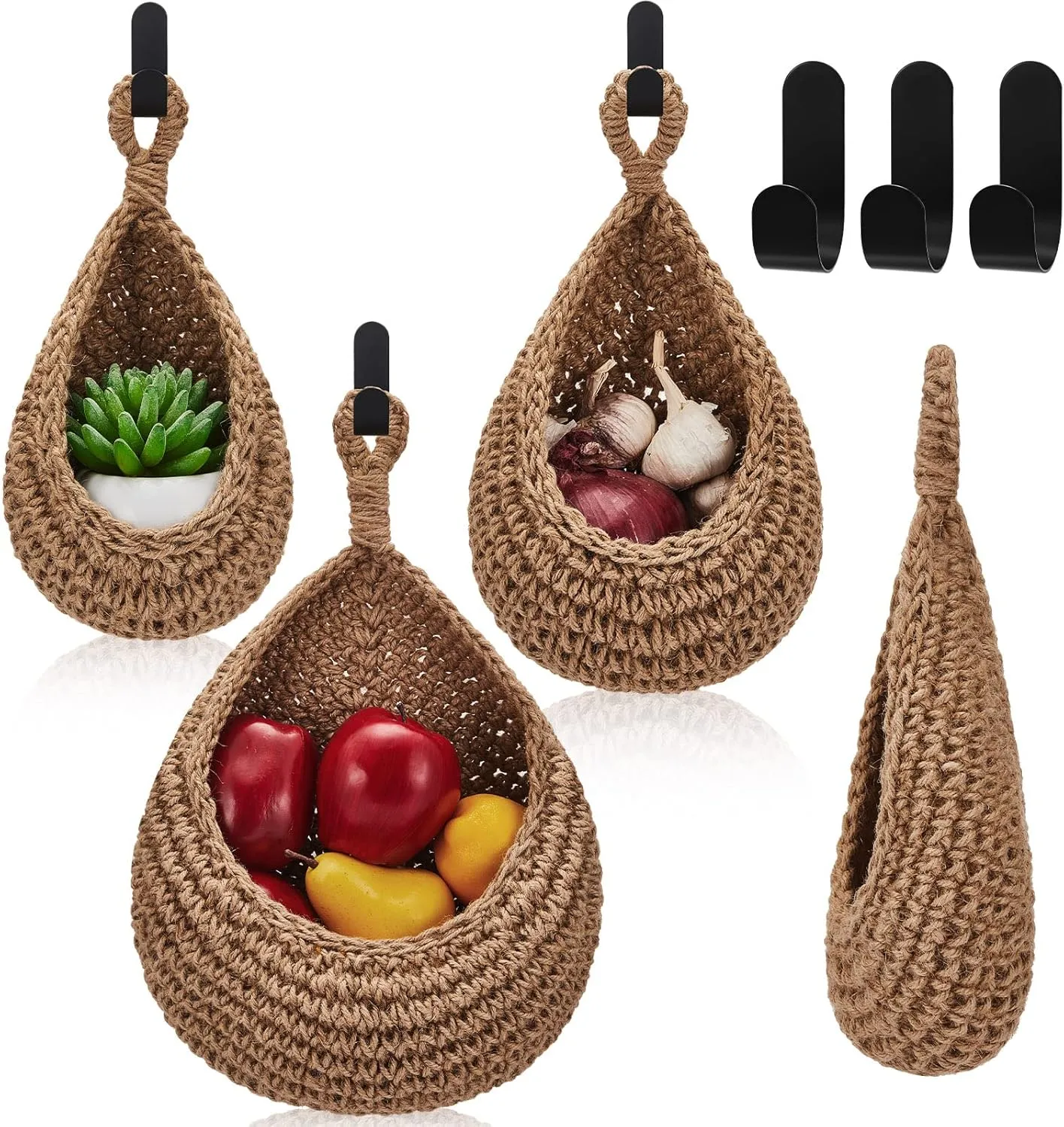 Honeydak Hanging Wall Basket Teardrop Hanging Baskets Onion Basket Coat Bohemian Storage Fruit Wall Hooks for Kitchen Wall Home Restaurant Storage Vegetable, 3 Sizes(Linen)