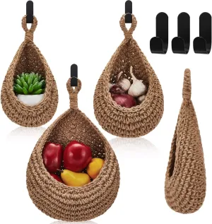 Honeydak Hanging Wall Basket Teardrop Hanging Baskets Onion Basket Coat Bohemian Storage Fruit Wall Hooks for Kitchen Wall Home Restaurant Storage Vegetable, 3 Sizes(Linen)