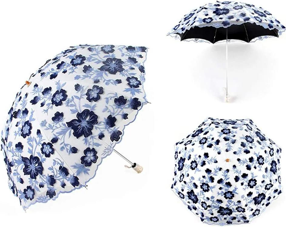 Honeystore Vintage Lace UV Sun Parasol Folding 3D Flower Embroidery Umbrella