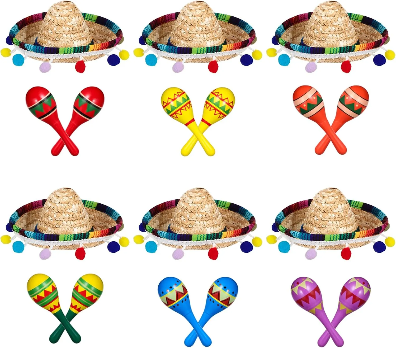 Honoson 12 Pcs Wooden Fiesta Maracas 6 Pcs Cinco De Mayo Mini Sombrero Top Hat for Kid Festival sombrero Mexican Party Decor(18 Pcs,Fresh Style)