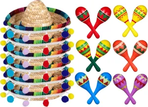Honoson 12 Pcs Wooden Fiesta Maracas 6 Pcs Cinco De Mayo Mini Sombrero Top Hat for Kid Festival sombrero Mexican Party Decor(18 Pcs,Fresh Style)