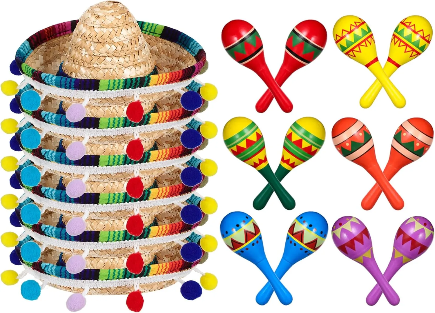 Honoson 12 Pcs Wooden Fiesta Maracas 6 Pcs Cinco De Mayo Mini Sombrero Top Hat for Kid Festival sombrero Mexican Party Decor(18 Pcs,Fresh Style)