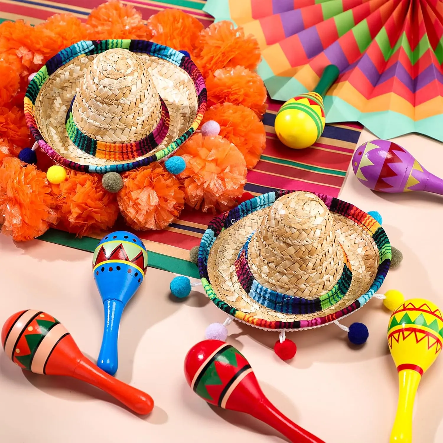 Honoson 12 Pcs Wooden Fiesta Maracas 6 Pcs Cinco De Mayo Mini Sombrero Top Hat for Kid Festival sombrero Mexican Party Decor(18 Pcs,Fresh Style)