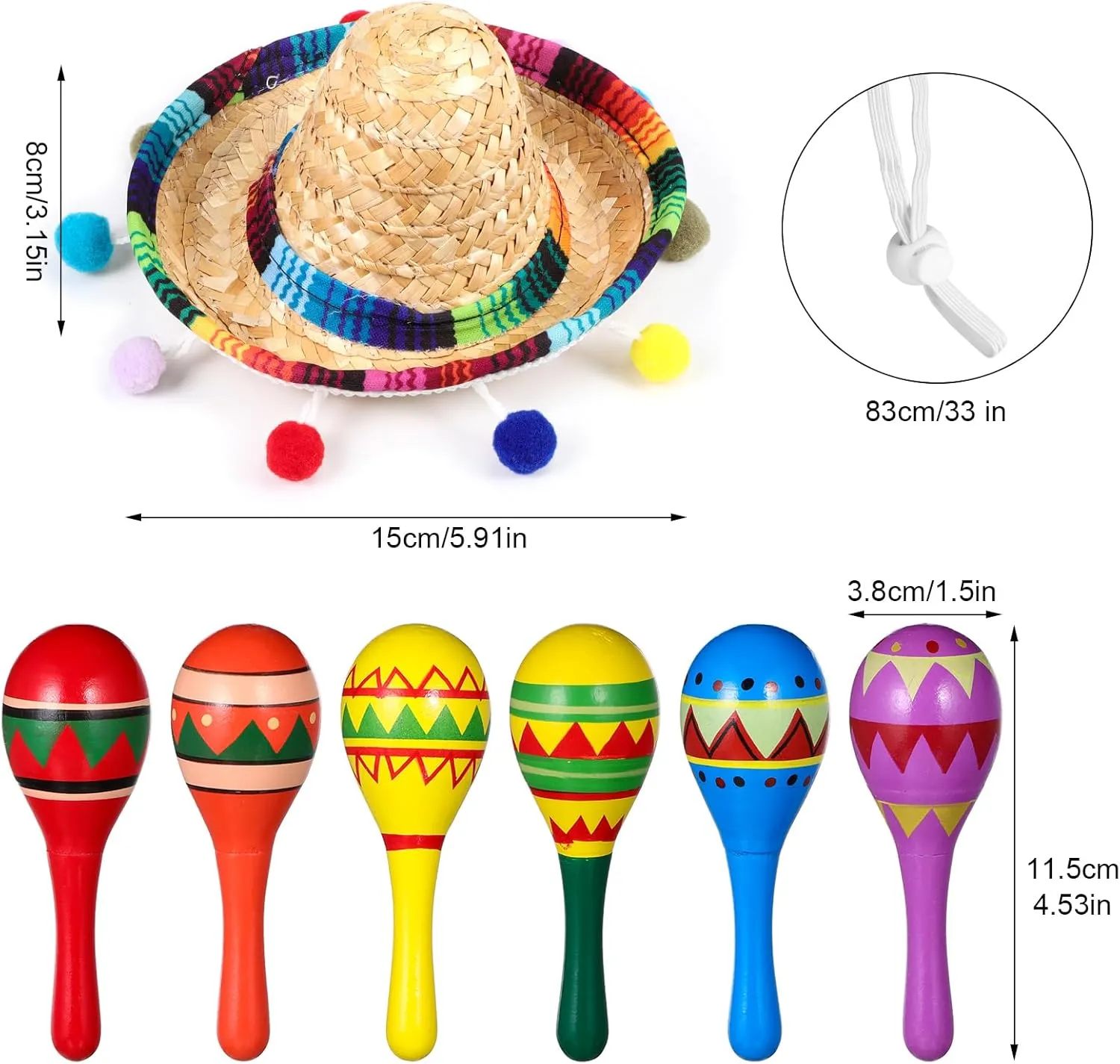 Honoson 12 Pcs Wooden Fiesta Maracas 6 Pcs Cinco De Mayo Mini Sombrero Top Hat for Kid Festival sombrero Mexican Party Decor(18 Pcs,Fresh Style)