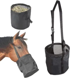 Horse Feed Bag for Grain, Hay Storage Mesh Net, Adjustable Neck and Nose Pad for Horse Donkey Goat Camping Trips (Black)