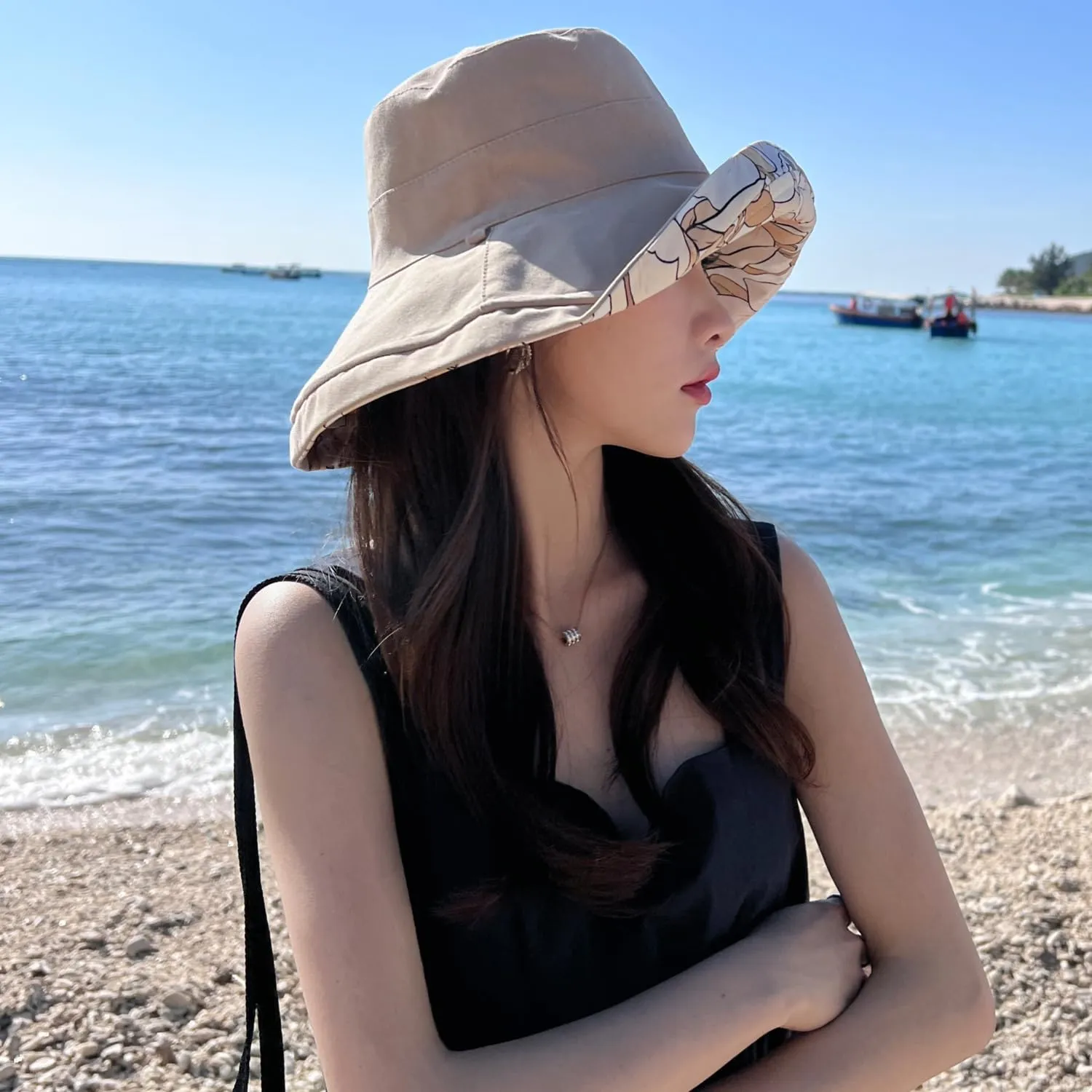 HUAMULAN Women Summer Sun Hat Wide Brim Wired Edge Floral Beach Bucket Hats Reversible Foldable Travel UV Protection Lady Hat