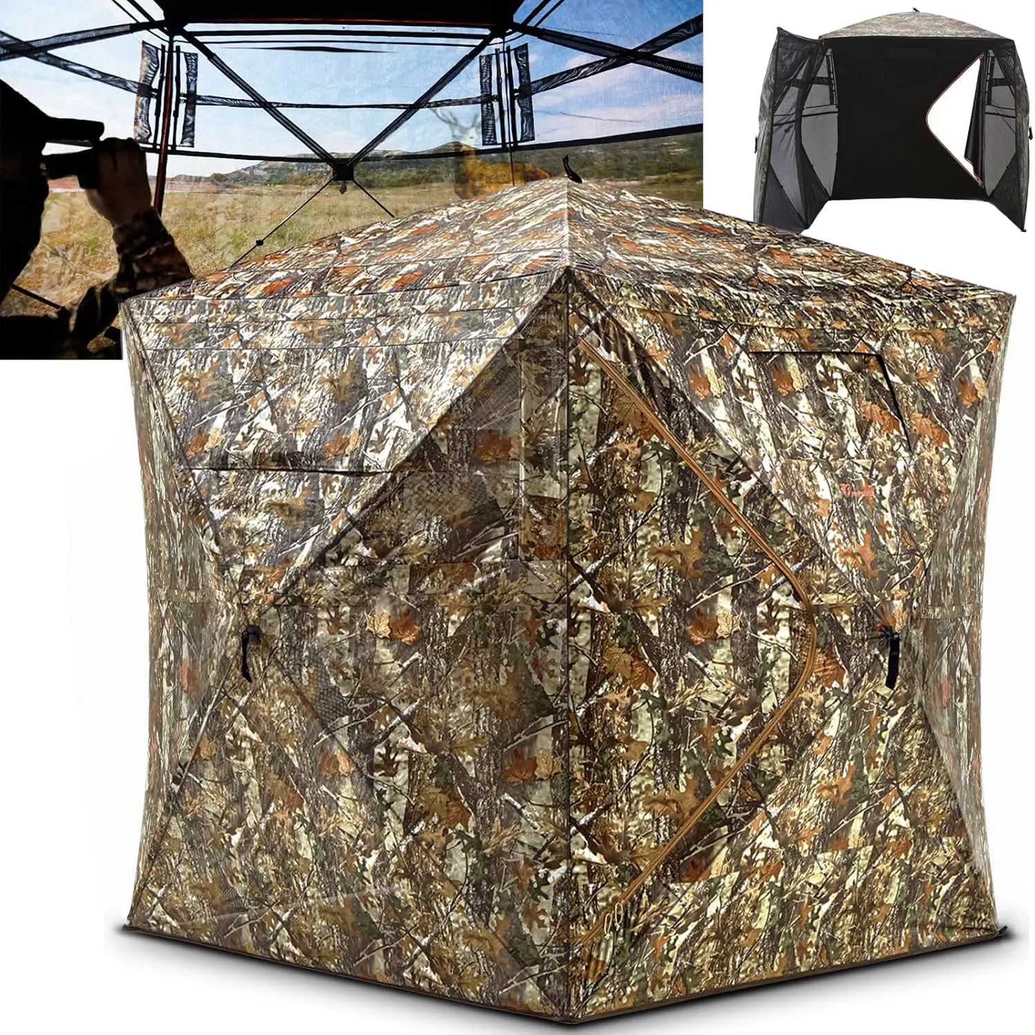 Hunting Blind with Double Doors, Ground Blind See Through, Portable 2-3 & 3-4 Person, 270 Degree Pop-up Hunting Blind, Camouflage Hunting Blind for Deer & Turkey Hunting