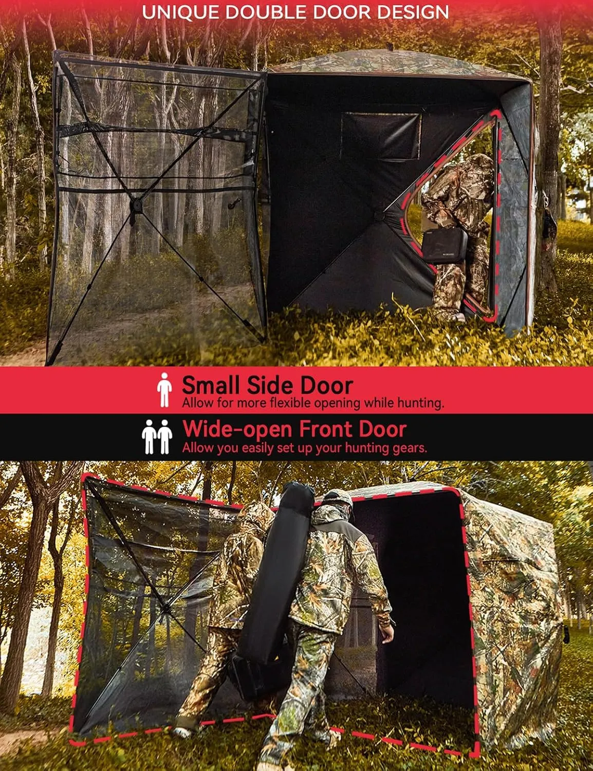 Hunting Blind with Double Doors, Ground Blind See Through, Portable 2-3 & 3-4 Person, 270 Degree Pop-up Hunting Blind, Camouflage Hunting Blind for Deer & Turkey Hunting