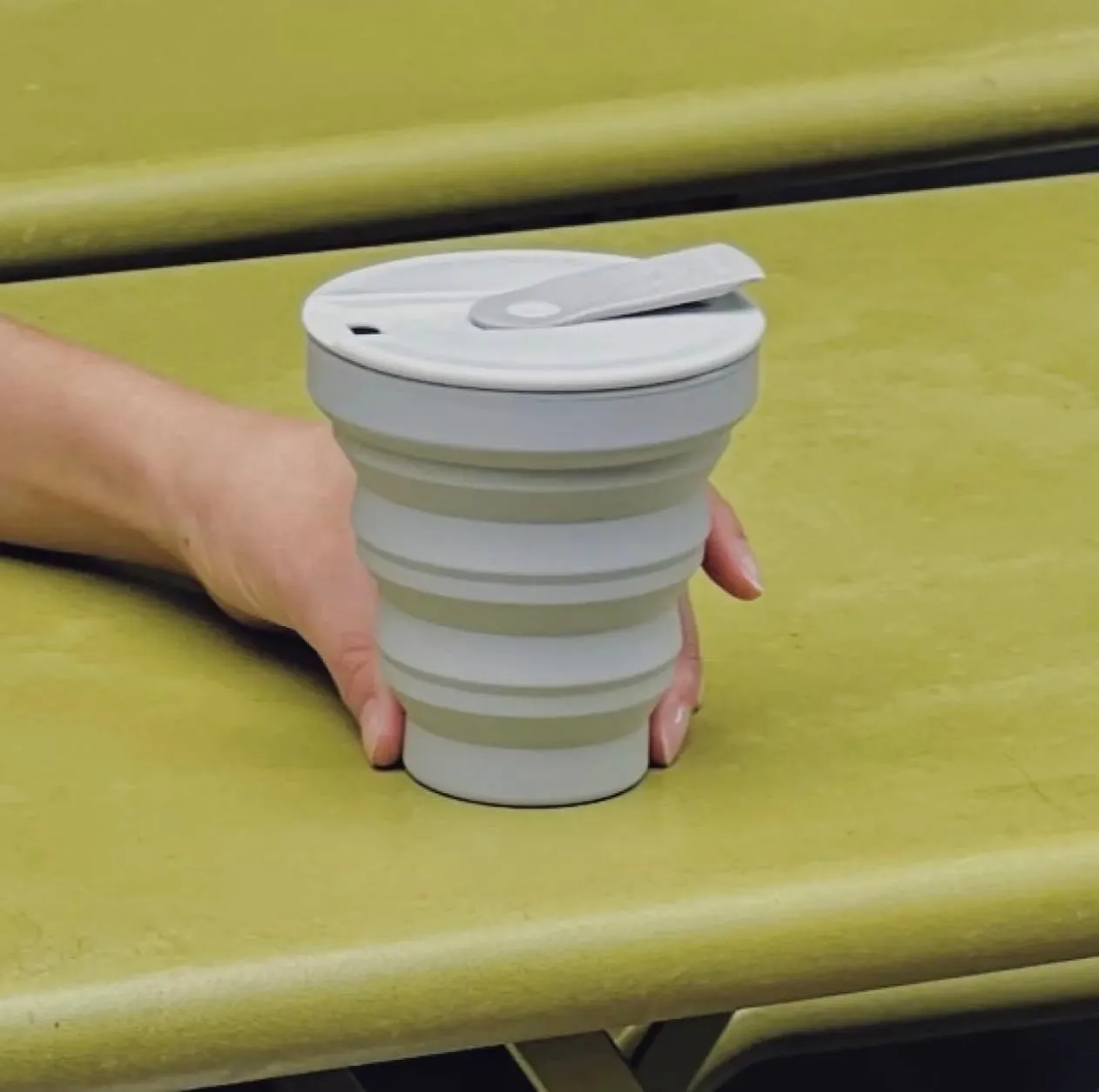 HuNu Collapsible Coffee Cup with Lid - Reusable & Microwave Safe Silicone Collapsible Cup, Foldable Cup, Portable Coffee Travel Mug/Camping Cup (12OZ, Sage Green)*Straw Sold Separately*