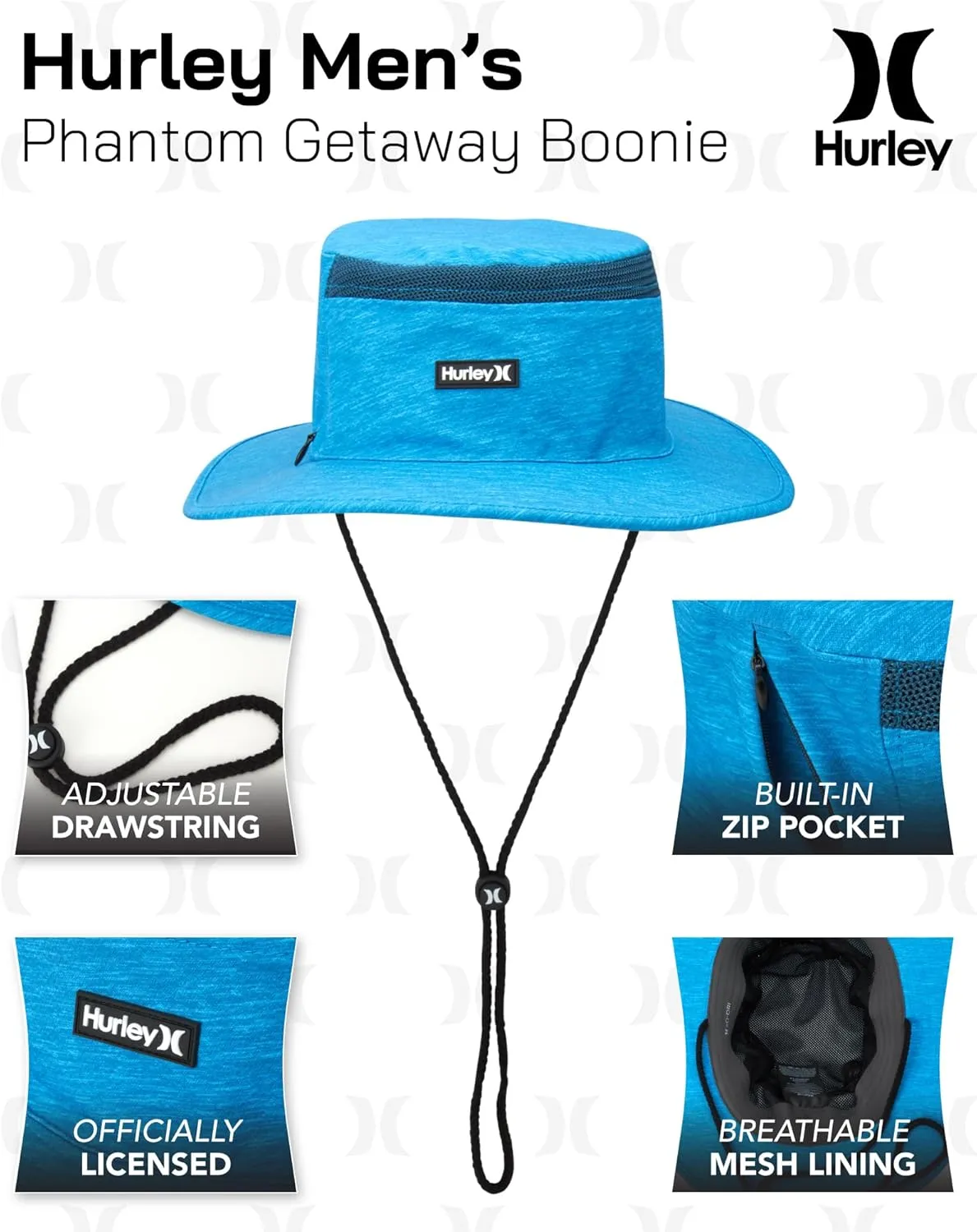 Hurley Mens' Hats - UPF 50  Phantom Getaway Boonie Sun Hat with Chin Strap Cord