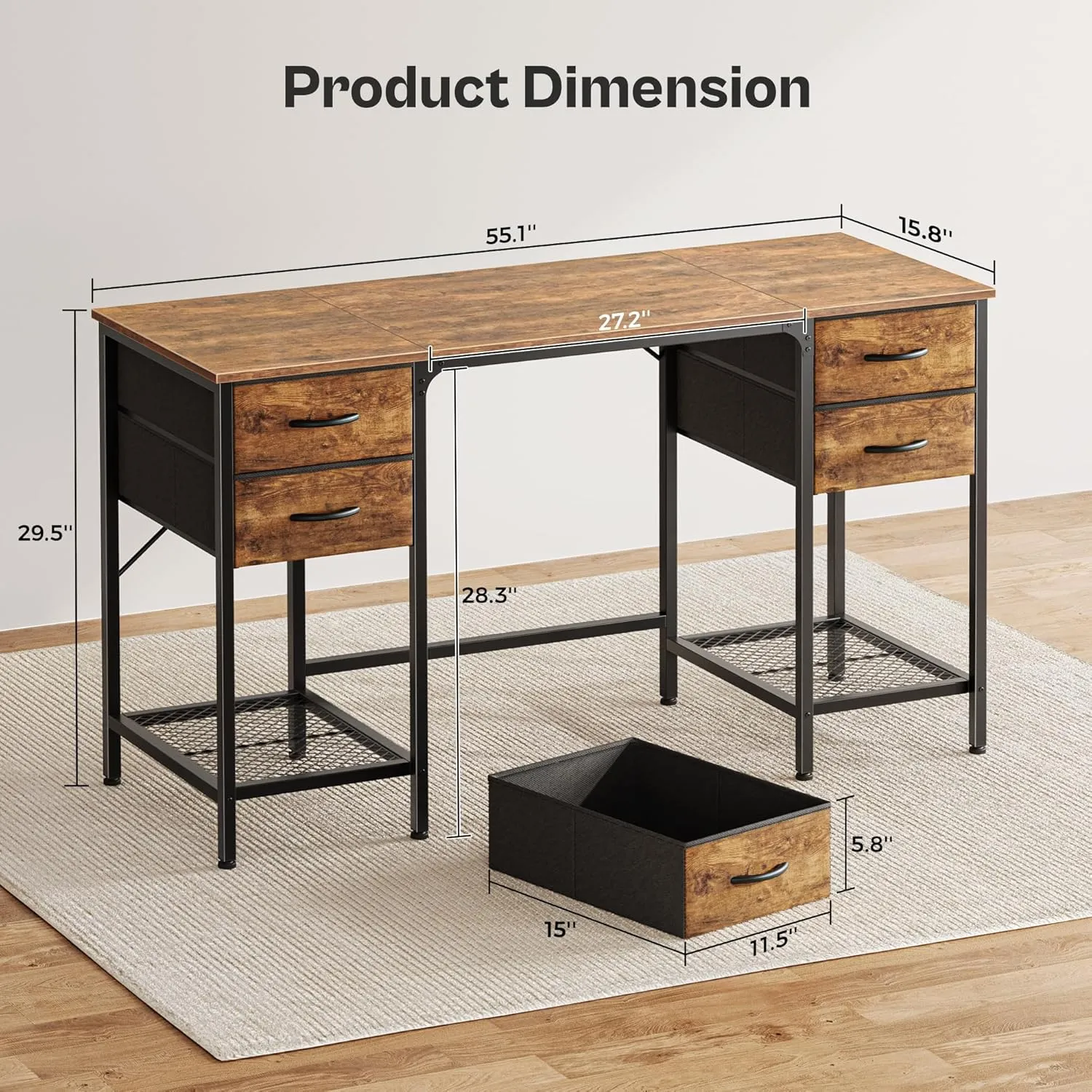 Huuger 55 Inch Computer Desk with 4 Drawers, Office Desk with Mesh Shelf, Gaming Desk, Large Storage, Writing Desk Work Desk for Home Office, Study, Bedroom, Work from Home, Rustic Brown