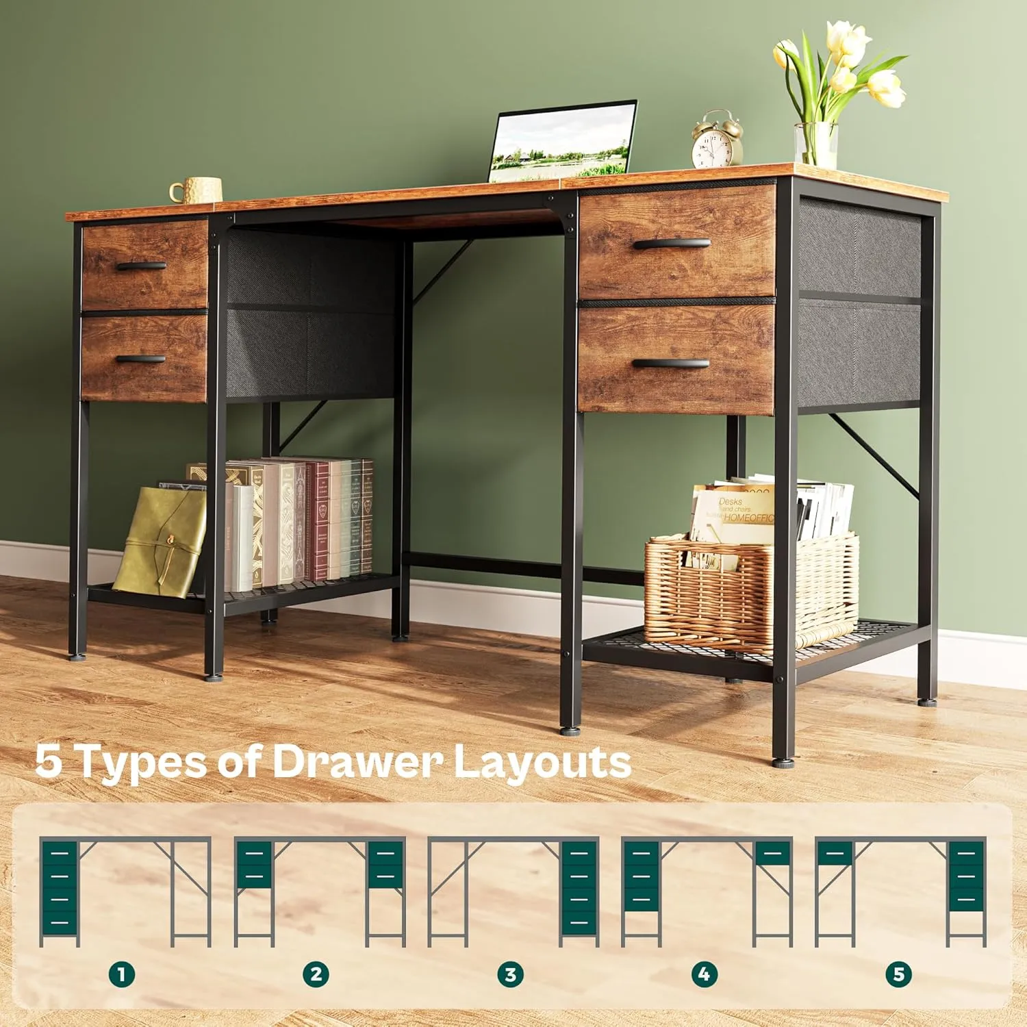 Huuger 55 Inch Computer Desk with 4 Drawers, Office Desk with Mesh Shelf, Gaming Desk, Large Storage, Writing Desk Work Desk for Home Office, Study, Bedroom, Work from Home, Rustic Brown