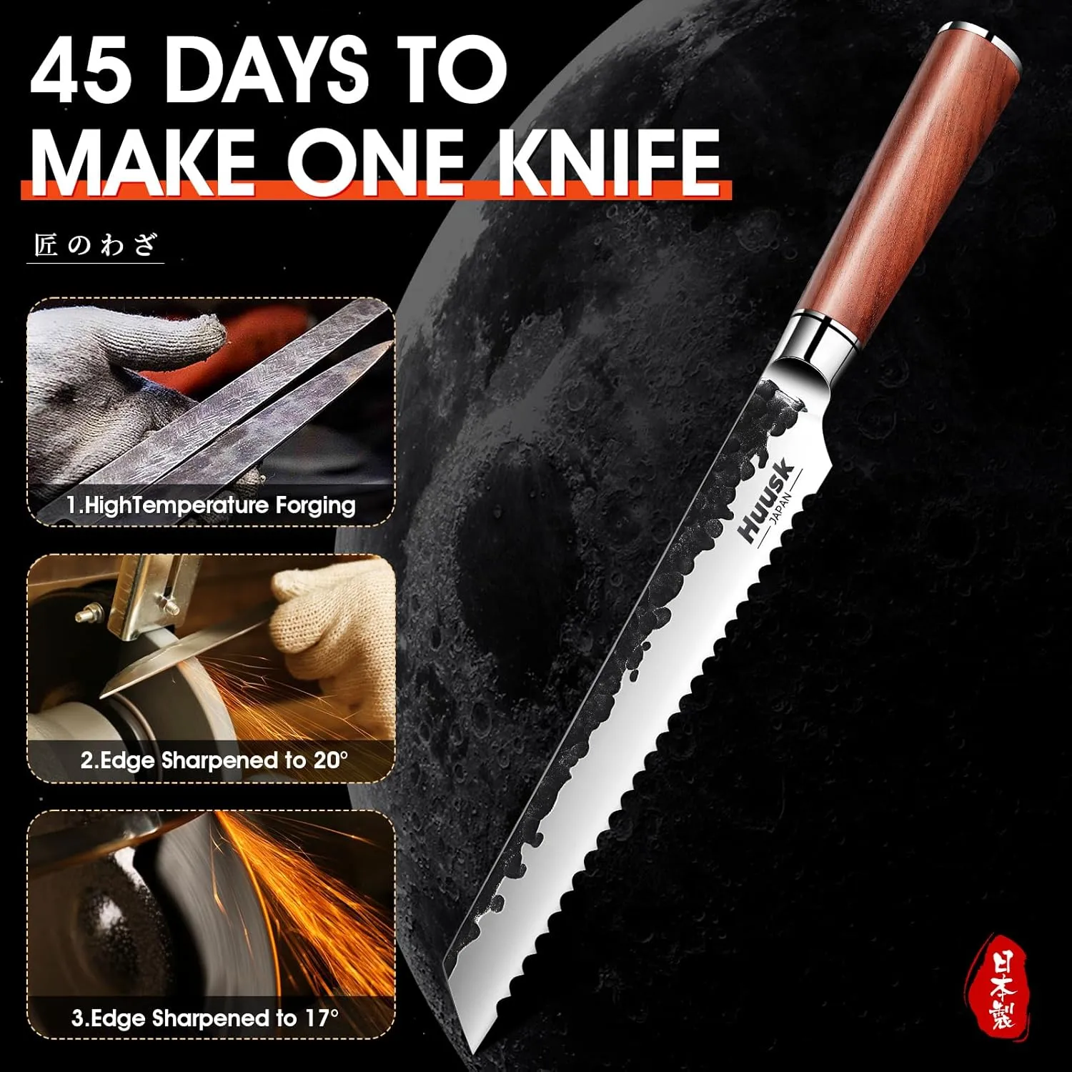 Huusk Serrated Bread knife 8 inch, Upgraded Carbon Steel Japanese Bread Knife, Bread Slicing knife for Cutting Homemade Bread, Bagel and Sourdough Bread with Gift Box for Dad