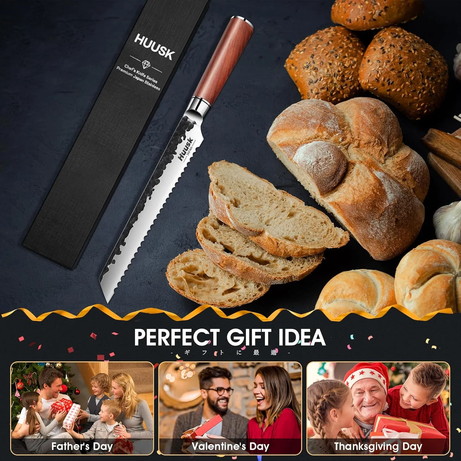 Huusk Serrated Bread knife 8 inch, Upgraded Carbon Steel Japanese Bread Knife, Bread Slicing knife for Cutting Homemade Bread, Bagel and Sourdough Bread with Gift Box for Dad