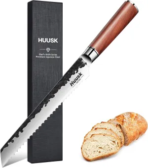 Huusk Serrated Bread knife 8 inch, Upgraded Carbon Steel Japanese Bread Knife, Bread Slicing knife for Cutting Homemade Bread, Bagel and Sourdough Bread with Gift Box for Dad