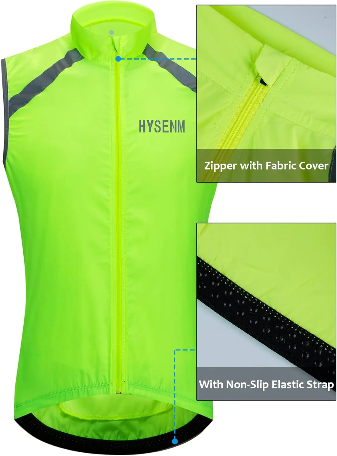 Hysenm Men's Cycling Vest High Visibility Reflective Bike Vest Sleeveless Running Wind Vest - Lightweight Bicycle Gilet