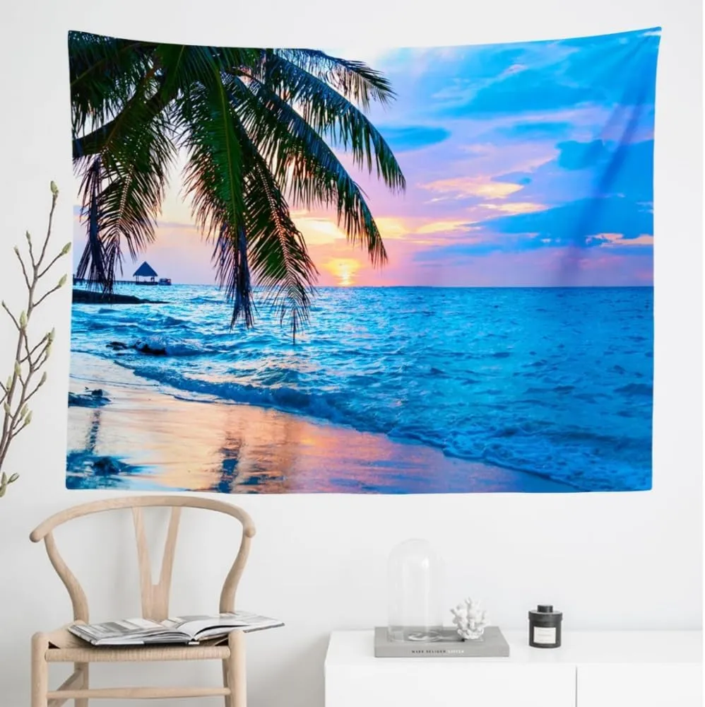 IcosaMro Ocean Tapestry for Bedroom Beach Palm Tree Wall Hanging Sunrise Sunset Decor, 60x82.7 Inches, Blue