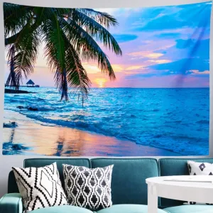 IcosaMro Ocean Tapestry for Bedroom Beach Palm Tree Wall Hanging Sunrise Sunset Decor, 60x82.7 Inches, Blue