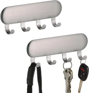 iDesign Self-Adhesive Stainless Steel Key Rack with 4 Hooks - Key Holder for Wall, Set of 2, Brushed