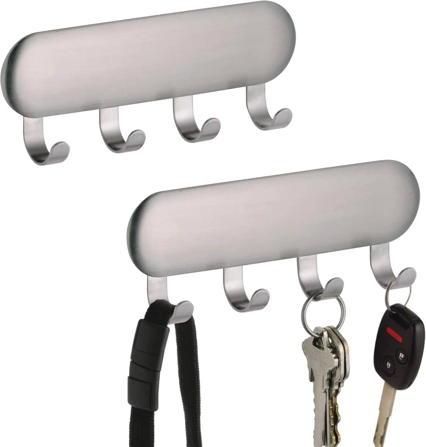 iDesign Self-Adhesive Stainless Steel Key Rack with 4 Hooks - Key Holder for Wall, Set of 2, Brushed