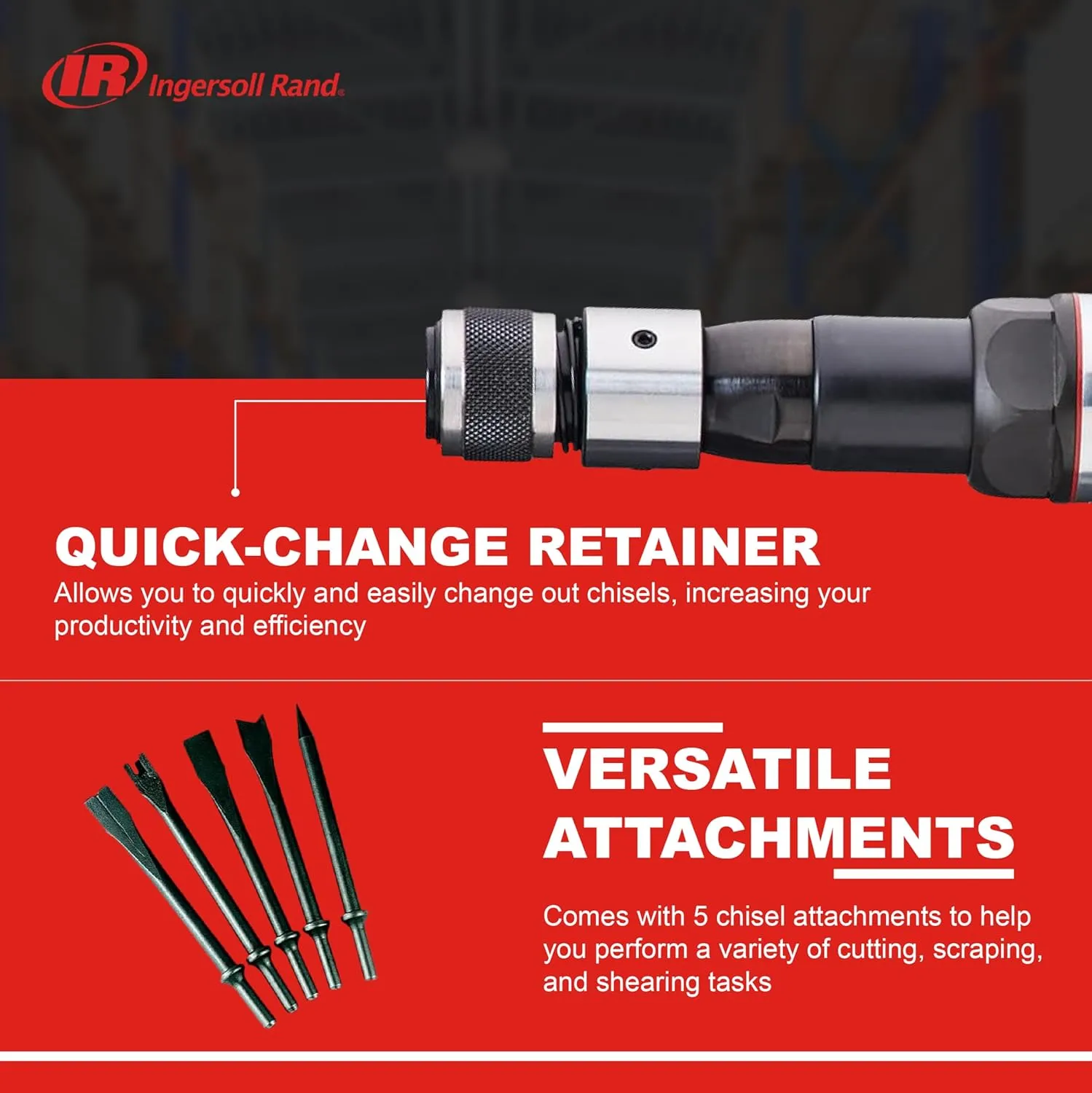 Ingersoll Rand 119MAXK Vibration Reduced Long-Barrel Air Hammer 5-Piece Chisel Set, 2,530 BPM, 3-1/2" Stroke, Round Shank