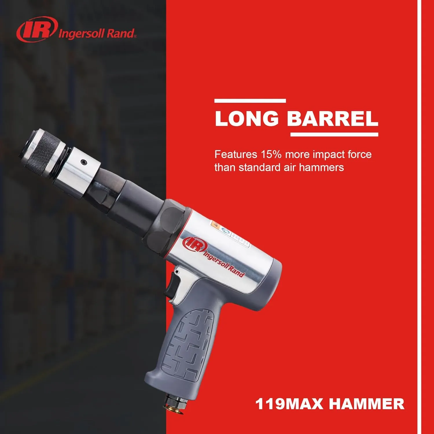 Ingersoll Rand 119MAXK Vibration Reduced Long-Barrel Air Hammer 5-Piece Chisel Set, 2,530 BPM, 3-1/2" Stroke, Round Shank