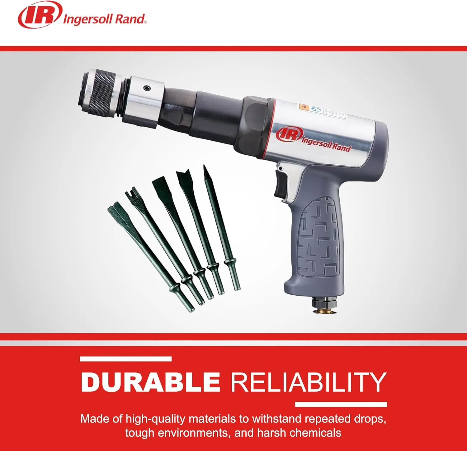 Ingersoll Rand 119MAXK Vibration Reduced Long-Barrel Air Hammer 5-Piece Chisel Set, 2,530 BPM, 3-1/2" Stroke, Round Shank