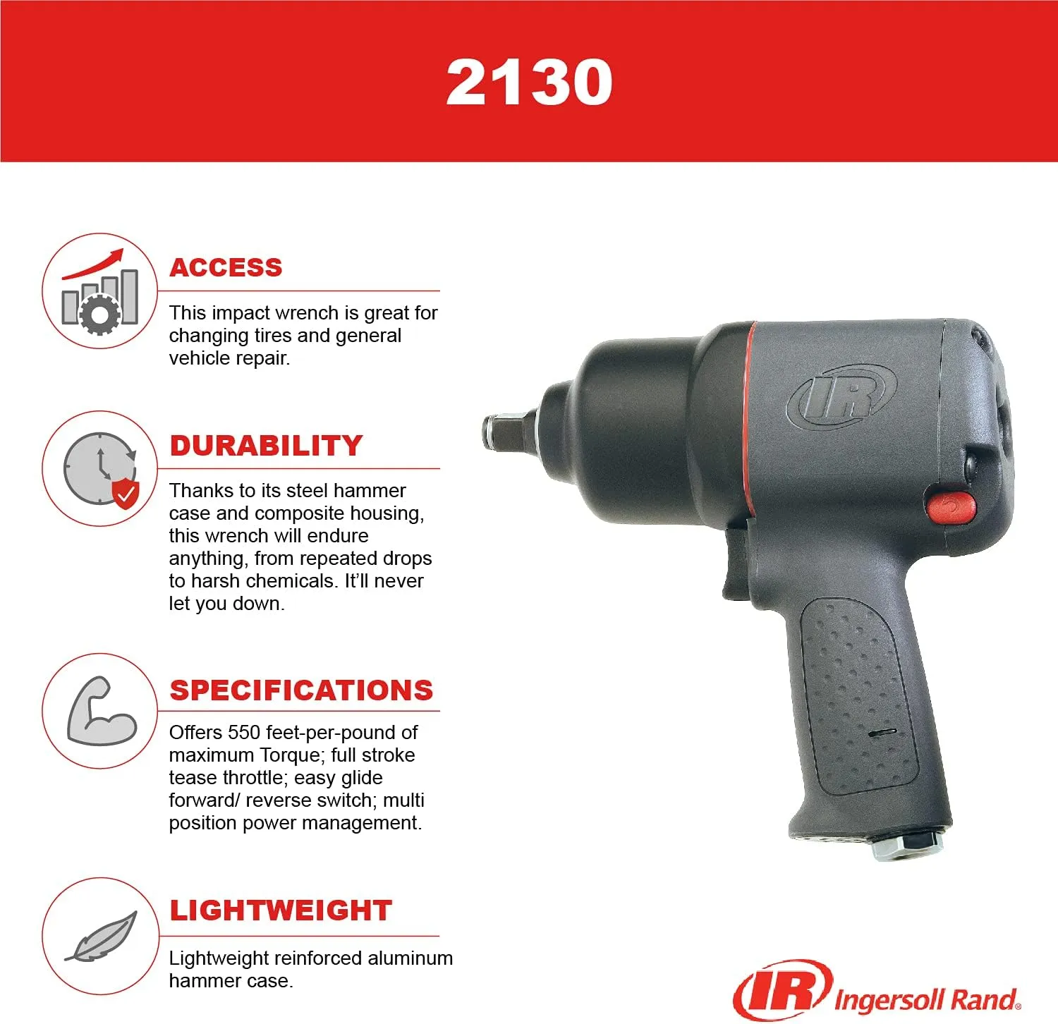 Ingersoll Rand 2130 1/2" Air Impact Wrench, 650 ft-lbs Max Torque, Heavy Duty, Pistol Grip