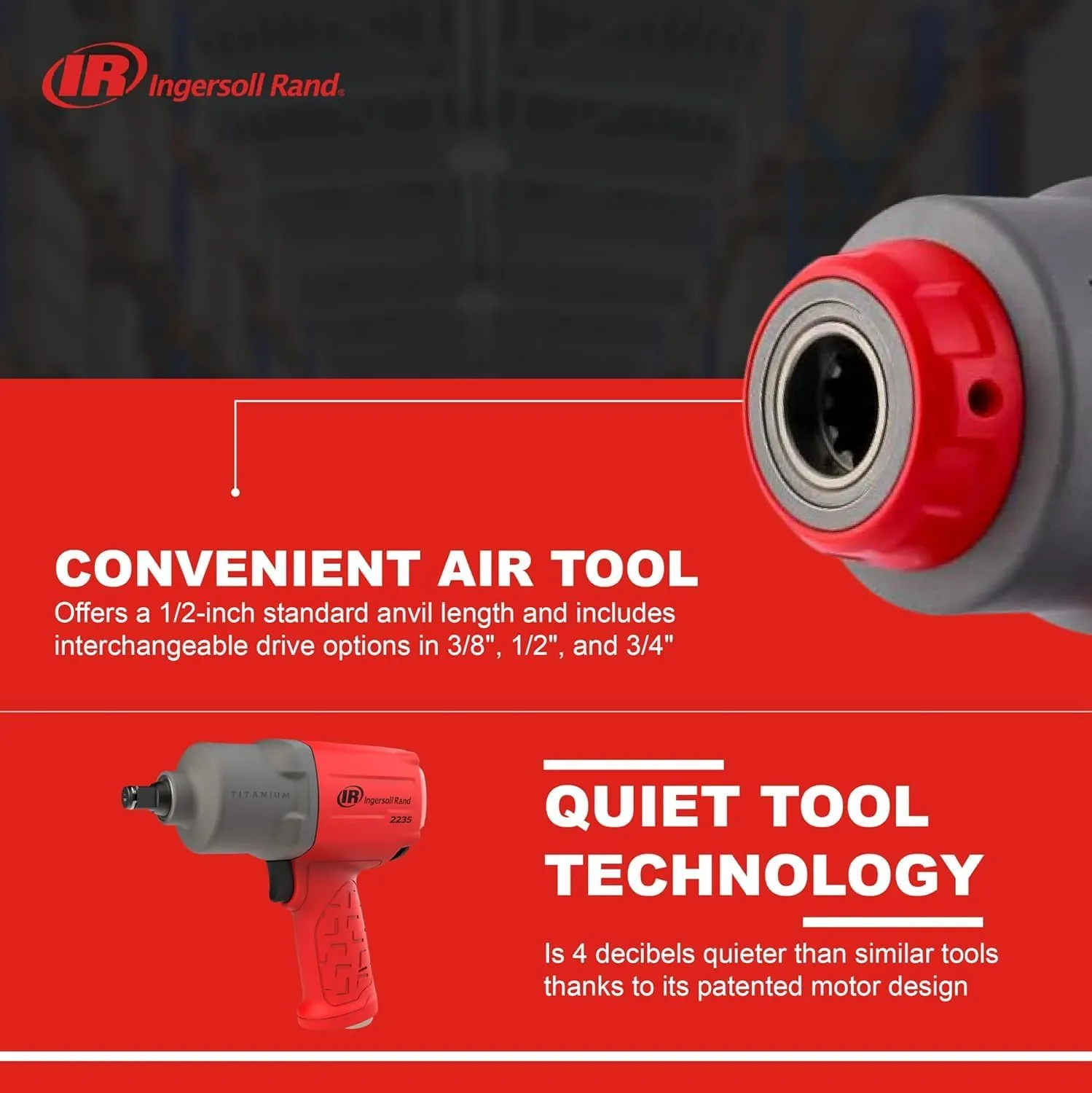 Ingersoll Rand 2236QTIMAX DXS2 1/2" Air Impact Wrench, Quiet, 1,500 ft-lb Torque, Titanium Hammer Case, Friction Ring Retainer, Pistol, Interchangeable Anvil, Multifunctional Tool
