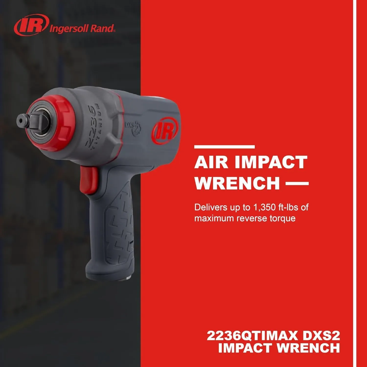 Ingersoll Rand 2236QTIMAX DXS2 1/2" Air Impact Wrench, Quiet, 1,500 ft-lb Torque, Titanium Hammer Case, Friction Ring Retainer, Pistol, Interchangeable Anvil, Multifunctional Tool
