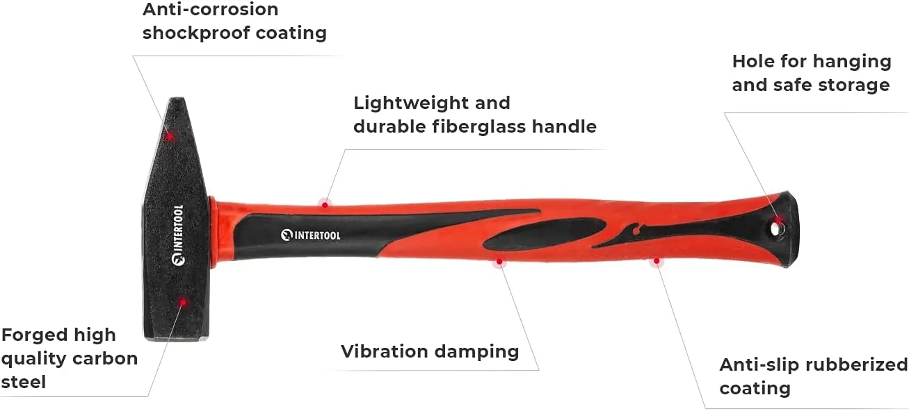 INTERTOOL 2 lbs Cross Peen Hammer, 1000g Heavy Duty Engineer Hammer, Mechanic, Blacksmith, Sheet Metal, 14” Shock Absorbing Fiberglass Handle HT08-0210