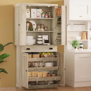 IRONCK Kitchen Pantry Cabinet 72" Height, Freestanding Cupboard with Drawer, Sliding Storage Rack, and 6 Hanging Shelves for Dining Room, Laundry, Rustic Maple