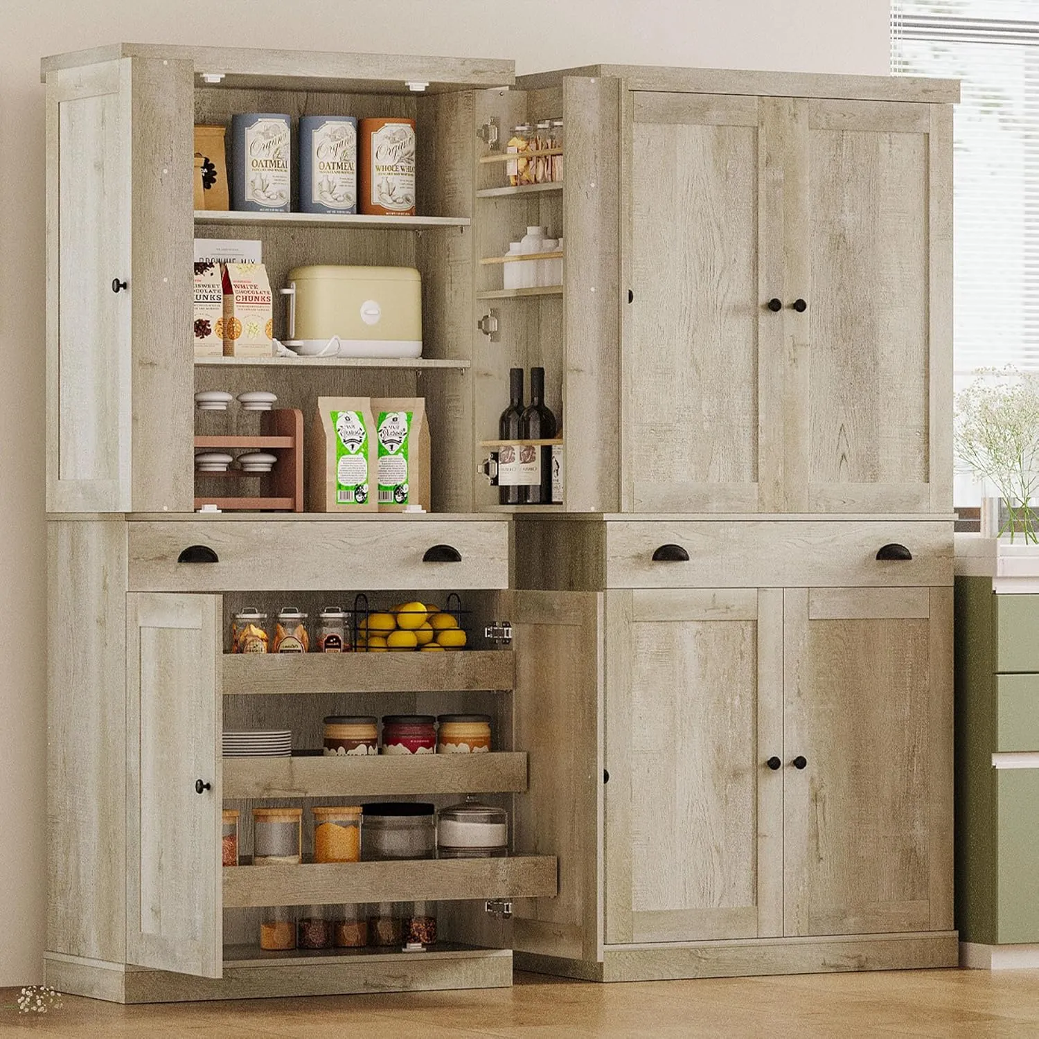 IRONCK Kitchen Pantry Cabinet 72" Height, Freestanding Cupboard with Drawer, Sliding Storage Rack, and 6 Hanging Shelves for Dining Room, Laundry, Rustic Maple