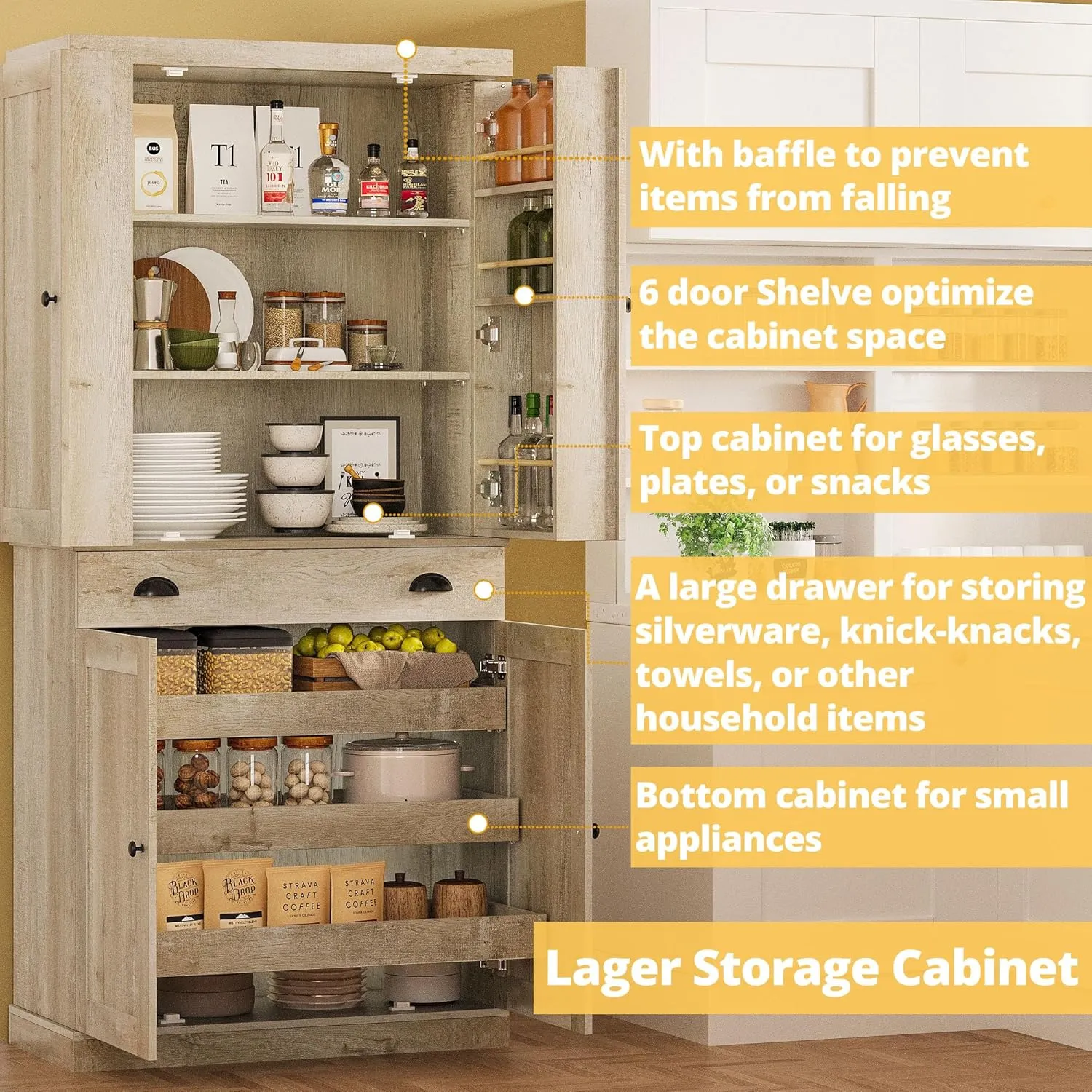 IRONCK Kitchen Pantry Cabinet 72" Height, Freestanding Cupboard with Drawer, Sliding Storage Rack, and 6 Hanging Shelves for Dining Room, Laundry, Rustic Maple