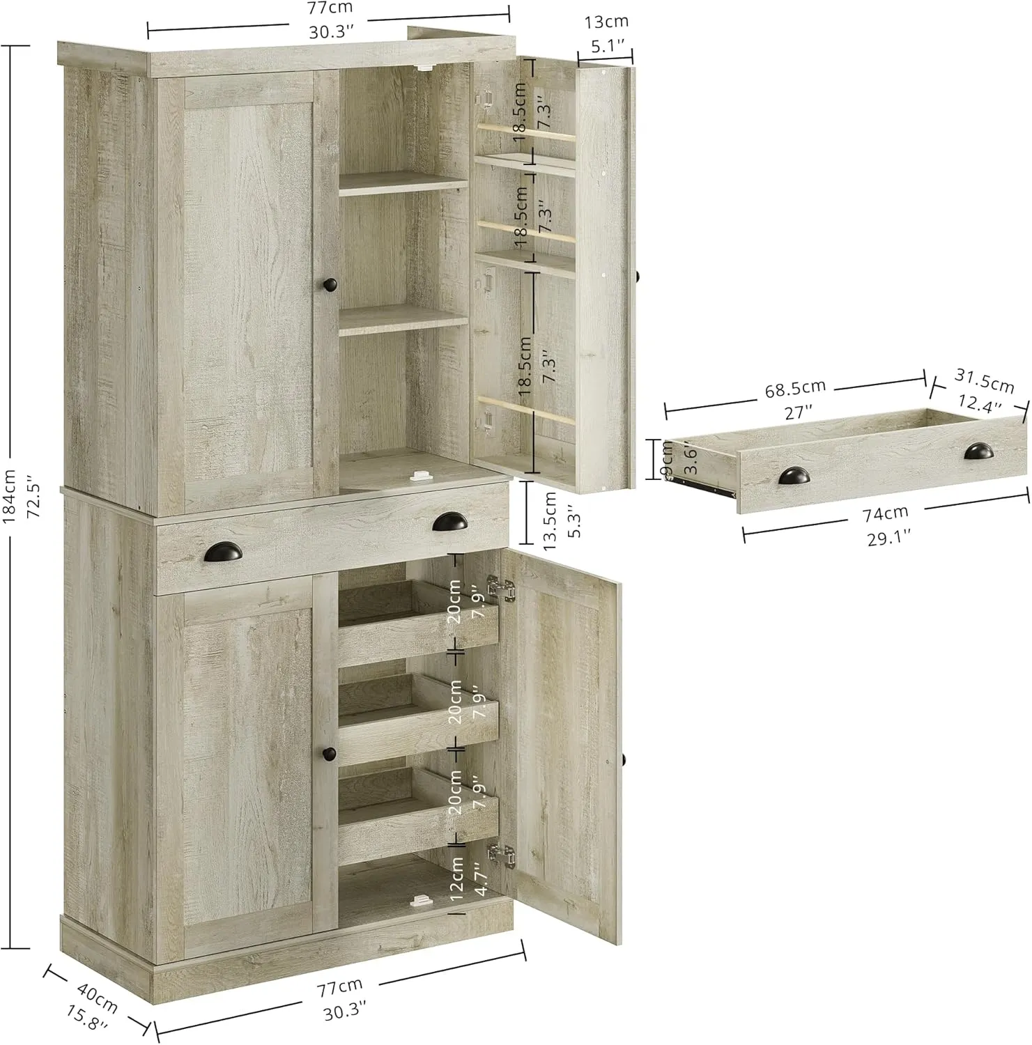 IRONCK Kitchen Pantry Cabinet 72" Height, Freestanding Cupboard with Drawer, Sliding Storage Rack, and 6 Hanging Shelves for Dining Room, Laundry, Rustic Maple