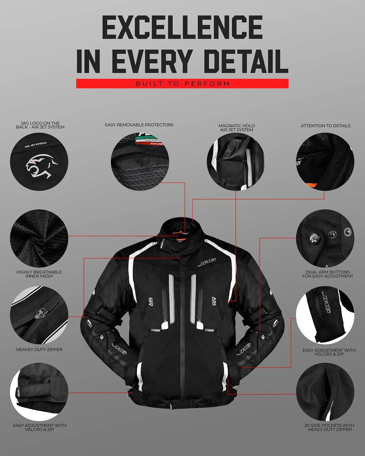 JAG Men's All Season Reflective Mesh Motorcycle Jacket | CE Armored Dual Sports Cordura Jacket with Removable Liner